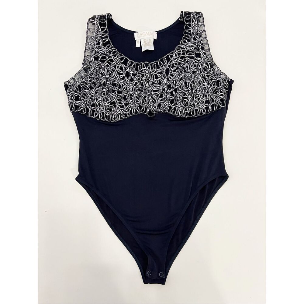 Vintage Escada Black Floral Lace Rayon Blend Bodysuit Size 38 S